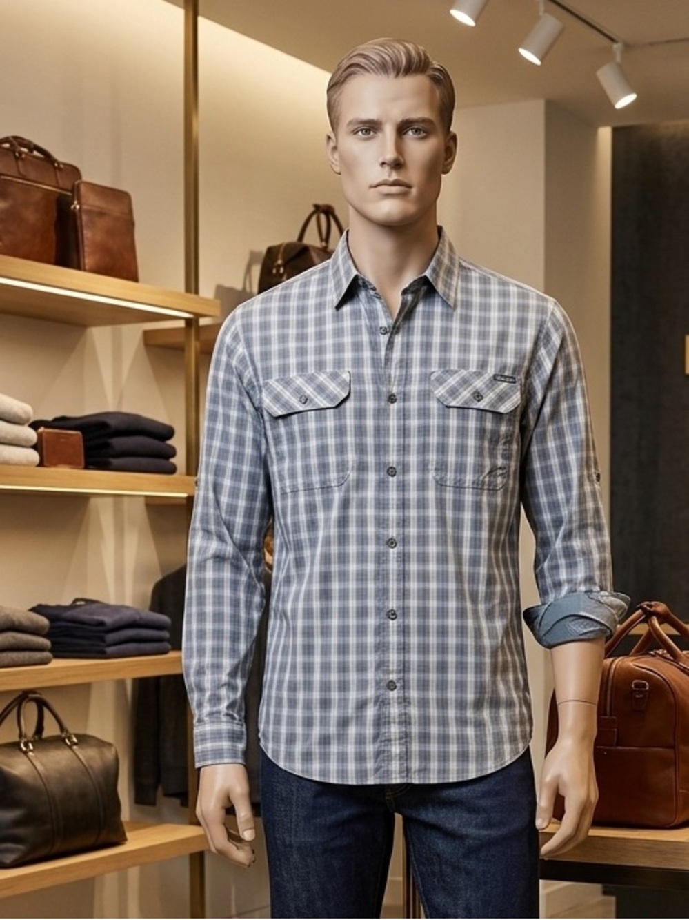 Eddie Bauer Blue and White Plaid Button-Down Shirt